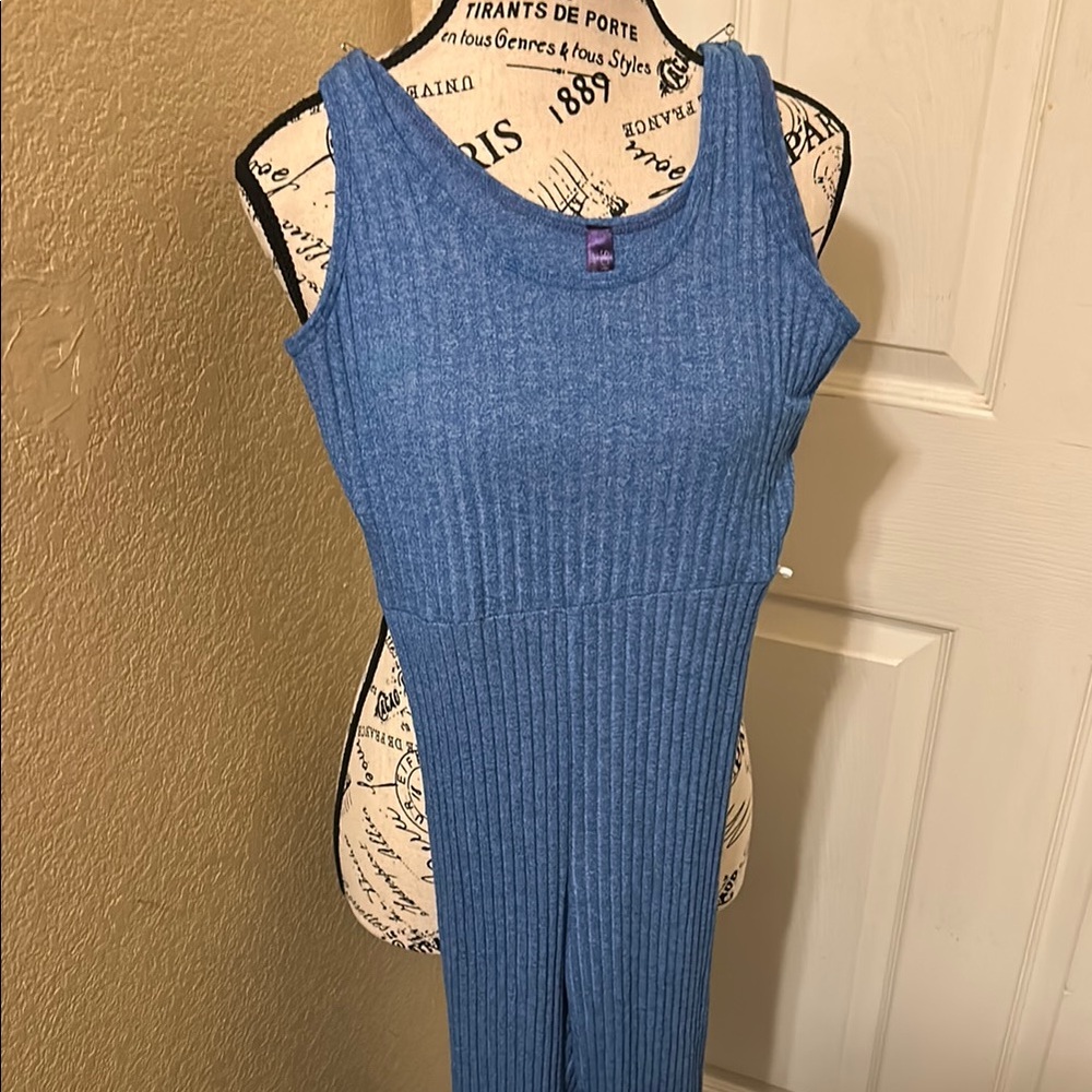 Blue Ribbed Knit Jumpsuit with Scoop Neckline